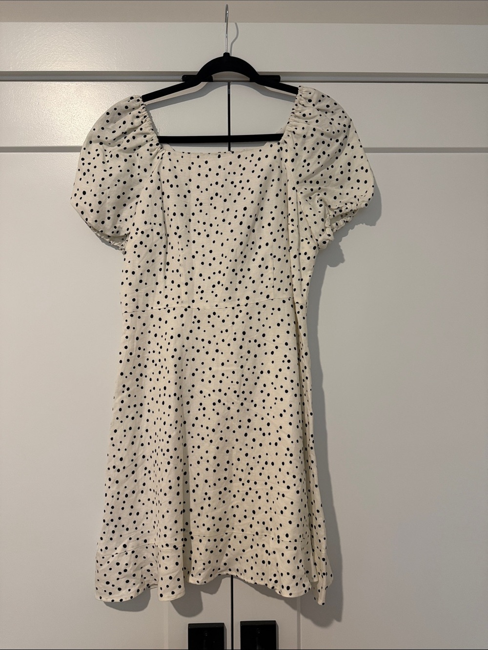 LOFT Ivory Mini Dress with Black Polka Dots and Puff Sleeves